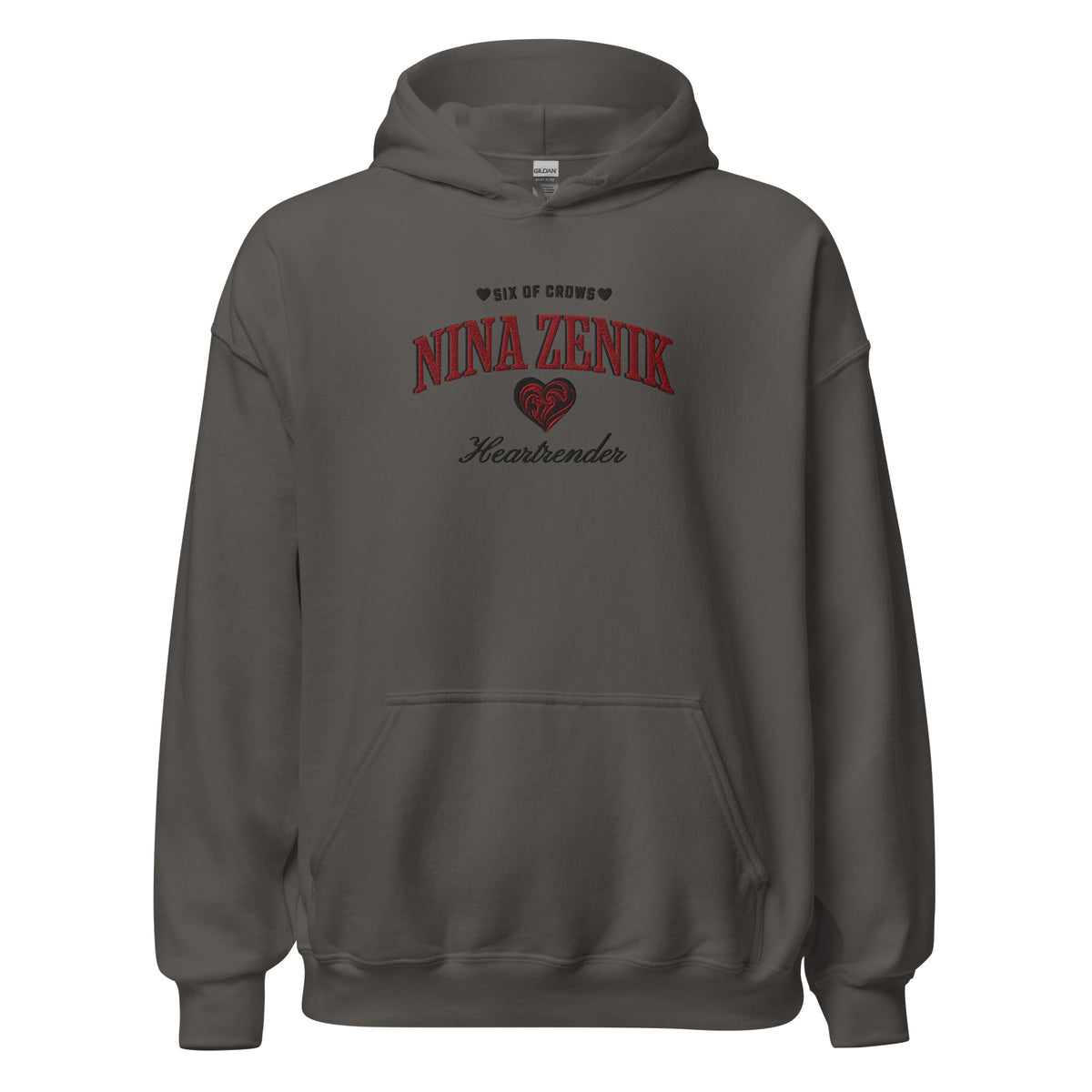 Nina Zenik Embroidered Hoodie - The Bean Workshop - Bookworm Hoodie, Fandom Apparel, Fantasy Character, Grisha Power, Grishaverse gift, Heart Design, Heartrender fan merchandise, Helnik, Leigh Bardugo fan apparel for readers, Literary Streetwear, Nina Zenik embroidered hoodie, Six of Crows hooded sweatshirt, The Dregs apparel