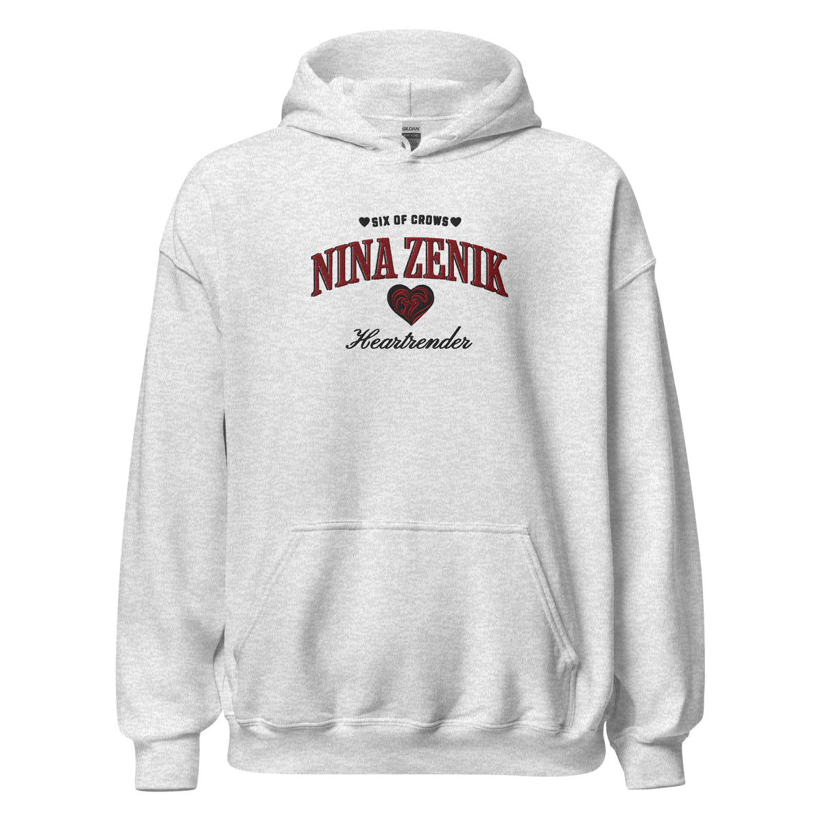 Nina Zenik Embroidered Hoodie - The Bean Workshop - Bookworm Hoodie, Fandom Apparel, Fantasy Character, Grisha Power, Grishaverse gift, Heart Design, Heartrender fan merchandise, Helnik, Leigh Bardugo fan apparel for readers, Literary Streetwear, Nina Zenik embroidered hoodie, Six of Crows hooded sweatshirt, The Dregs apparel