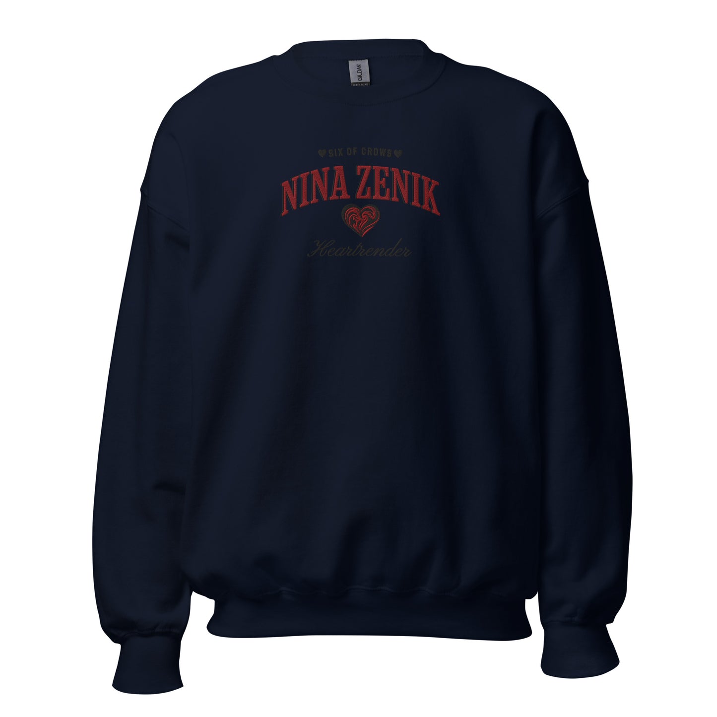 Nina Zenik Embroidered Sweatshirt - The Bean Workshop - Book Lover Gift, Bookish Sweatshirt, Corporalnik, Fantasy Character, Grisha Order clothing, Grishaverse, Helnik, Leigh Bardugo fan apparel for readers, Nina Zenik embroidered sweatshirt, Powerful Female Character, Six of Crows Heartrender merch, The Dregs, Waffle Lover