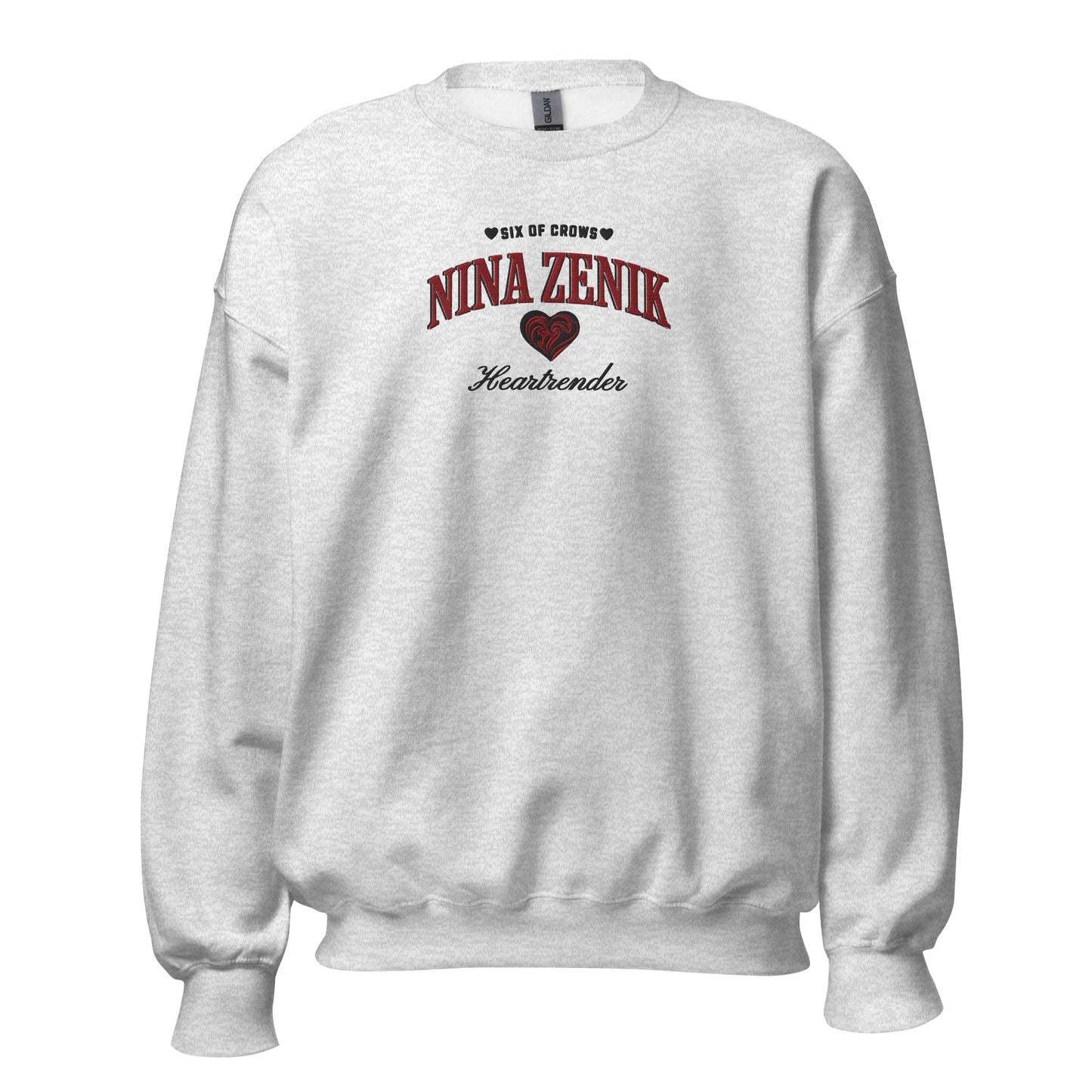 Nina Zenik Embroidered Sweatshirt - The Bean Workshop - Book Lover Gift, Bookish Sweatshirt, Corporalnik, Fantasy Character, Grisha Order clothing, Grishaverse, Helnik, Leigh Bardugo fan apparel for readers, Nina Zenik embroidered sweatshirt, Powerful Female Character, Six of Crows Heartrender merch, The Dregs, Waffle Lover