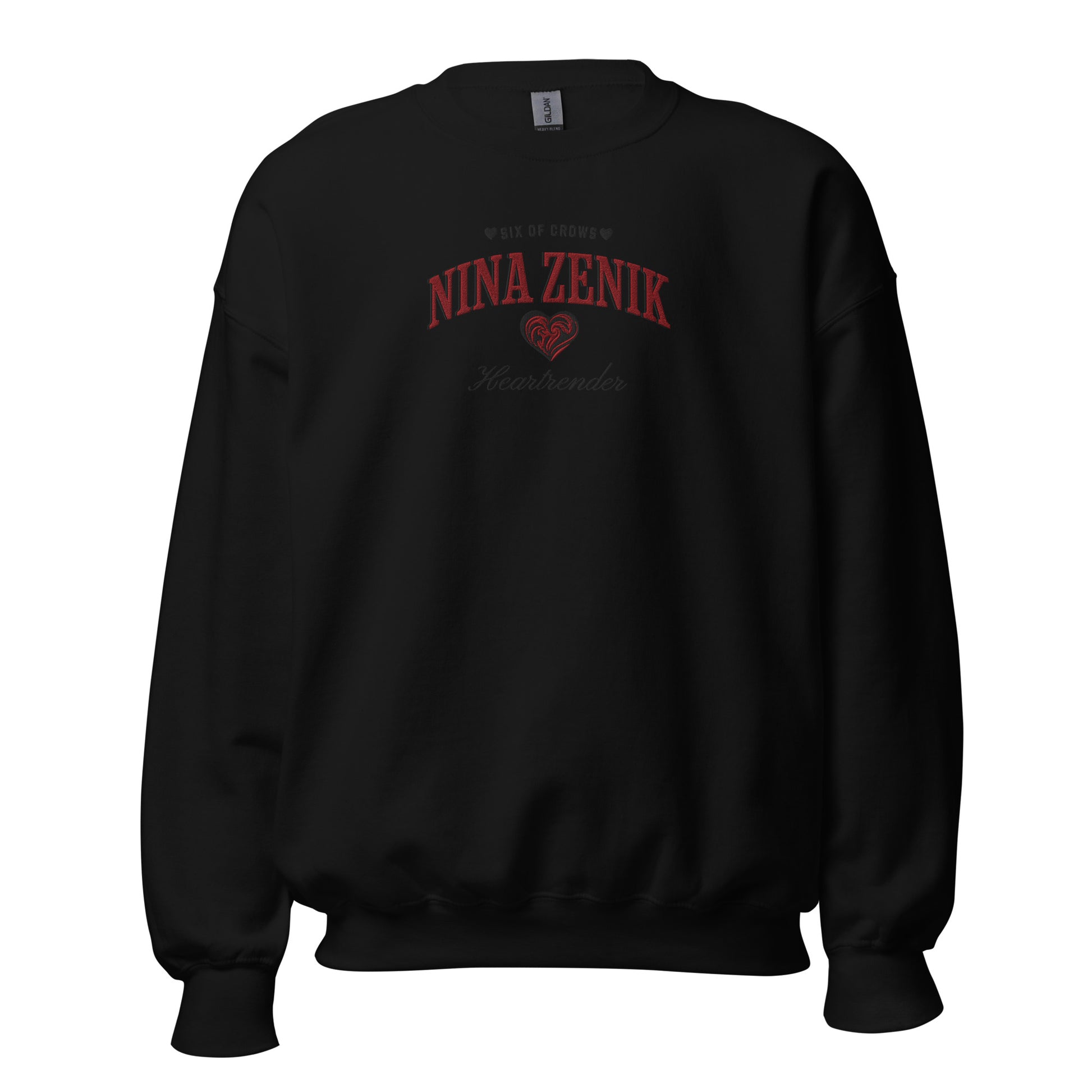 Nina Zenik Embroidered Sweatshirt - The Bean Workshop - Book Lover Gift, Bookish Sweatshirt, Corporalnik, Fantasy Character, Grisha Order clothing, Grishaverse, Helnik, Leigh Bardugo fan apparel for readers, Nina Zenik embroidered sweatshirt, Powerful Female Character, Six of Crows Heartrender merch, The Dregs, Waffle Lover