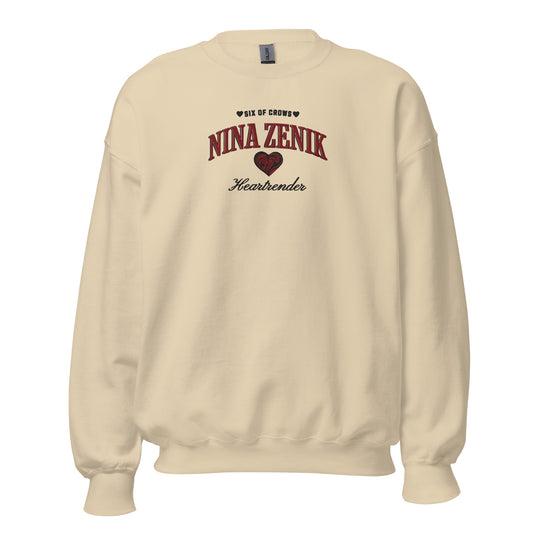 Nina Zenik Embroidered Sweatshirt - The Bean Workshop - Book Lover Gift, Bookish Sweatshirt, Corporalnik, Fantasy Character, Grisha Order clothing, Grishaverse, Helnik, Leigh Bardugo fan apparel for readers, Nina Zenik embroidered sweatshirt, Powerful Female Character, Six of Crows Heartrender merch, The Dregs, Waffle Lover