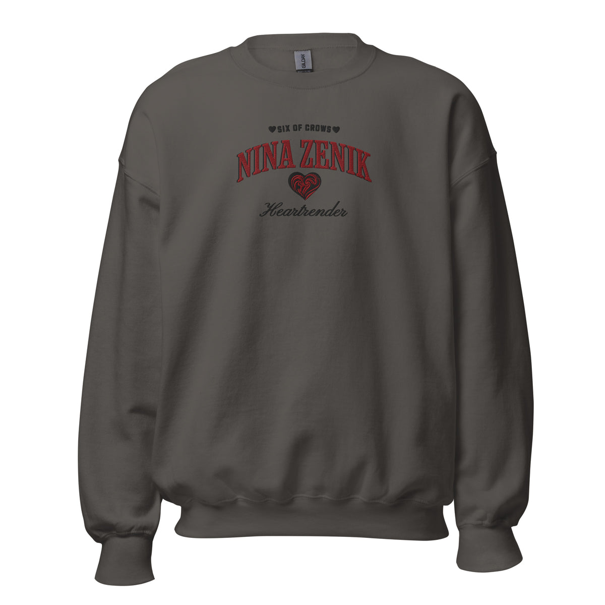 Nina Zenik Embroidered Sweatshirt - The Bean Workshop - Book Lover Gift, Bookish Sweatshirt, Corporalnik, Fantasy Character, Grisha Order clothing, Grishaverse, Helnik, Leigh Bardugo fan apparel for readers, Nina Zenik embroidered sweatshirt, Powerful Female Character, Six of Crows Heartrender merch, The Dregs, Waffle Lover