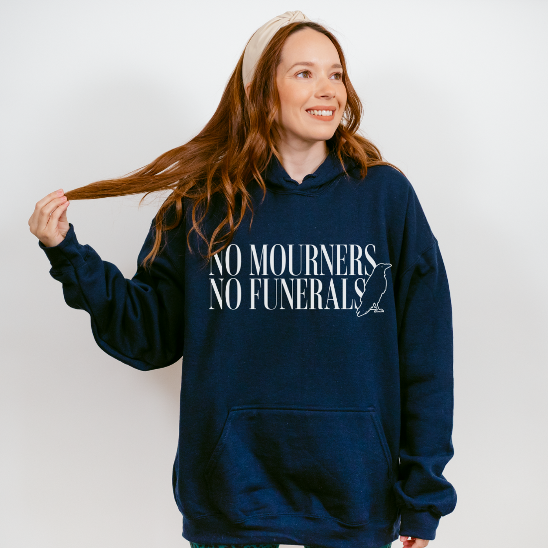 No Mourners No Funerals Hoodie - The Bean Workshop - Bookworm Streetwear, Fantasy Book Merch, Gothic Aesthetic, Grishaverse apparel for fans, Kaz Brekker motto gift, Ketterdam Style, Leigh Bardugo fan merchandise, Literary Apparel, Minimalist Quote, No Mourners No Funerals hooded sweatshirt, Six of Crows hoodie, The Crows Hoodie, The Dregs
