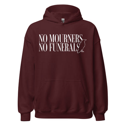 No Mourners No Funerals Hoodie - The Bean Workshop - Bookworm Streetwear, Fantasy Book Merch, Gothic Aesthetic, Grishaverse apparel for fans, Kaz Brekker motto gift, Ketterdam Style, Leigh Bardugo fan merchandise, Literary Apparel, Minimalist Quote, No Mourners No Funerals hooded sweatshirt, Six of Crows hoodie, The Crows Hoodie, The Dregs