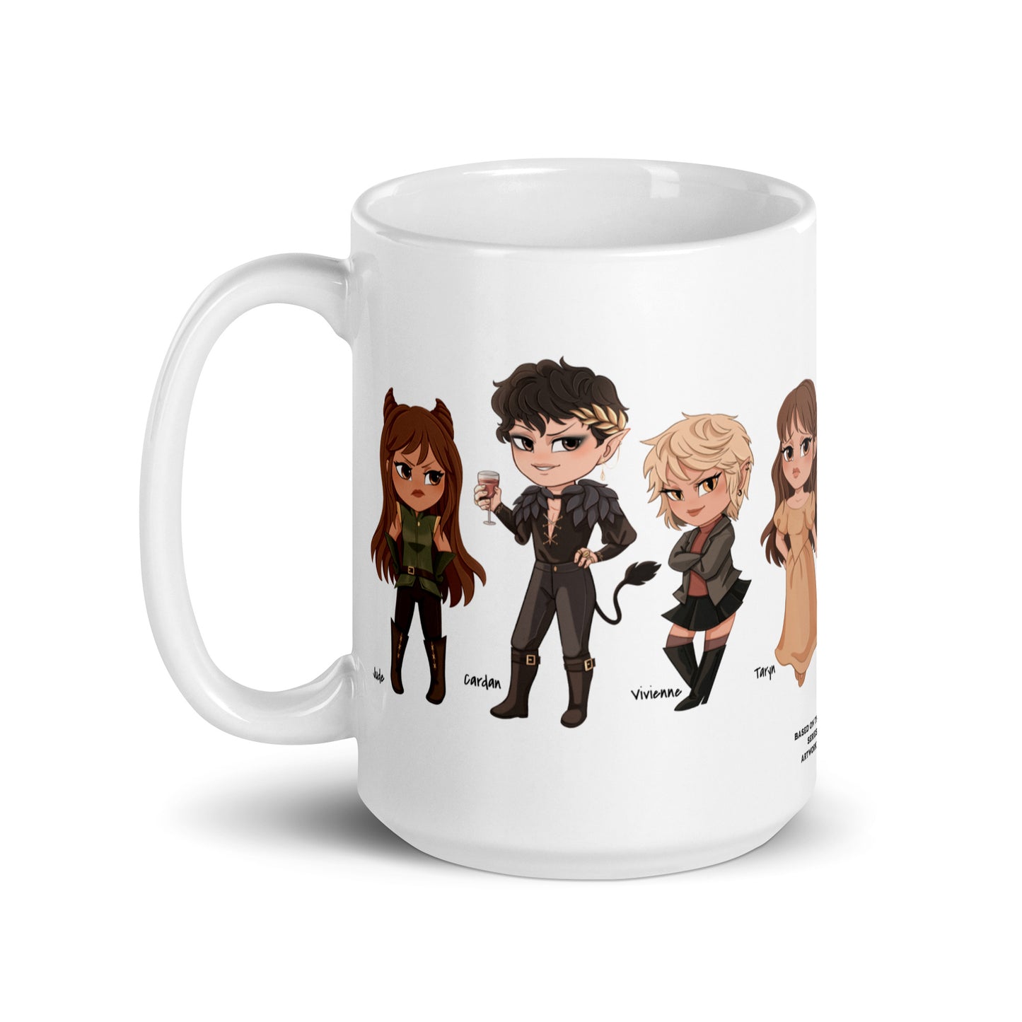 White mug featuring cute chibi fantasy characters lineup from a popular book series