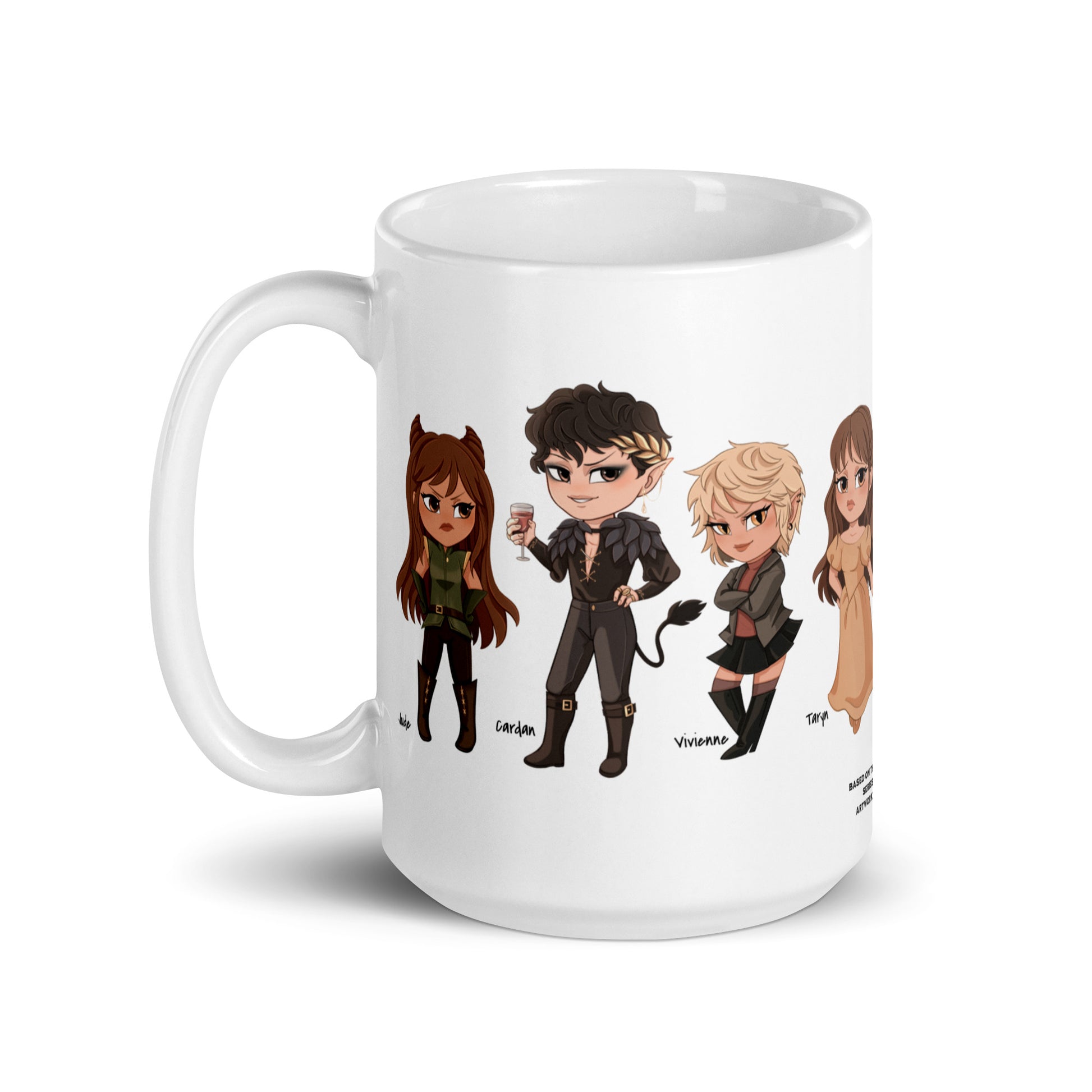 White mug featuring cute chibi fantasy characters lineup from a popular book series