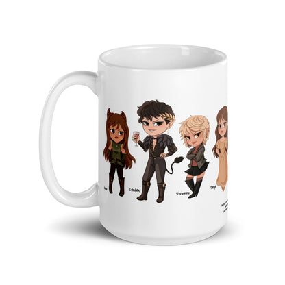 White mug featuring cute chibi fantasy characters lineup from a popular book series