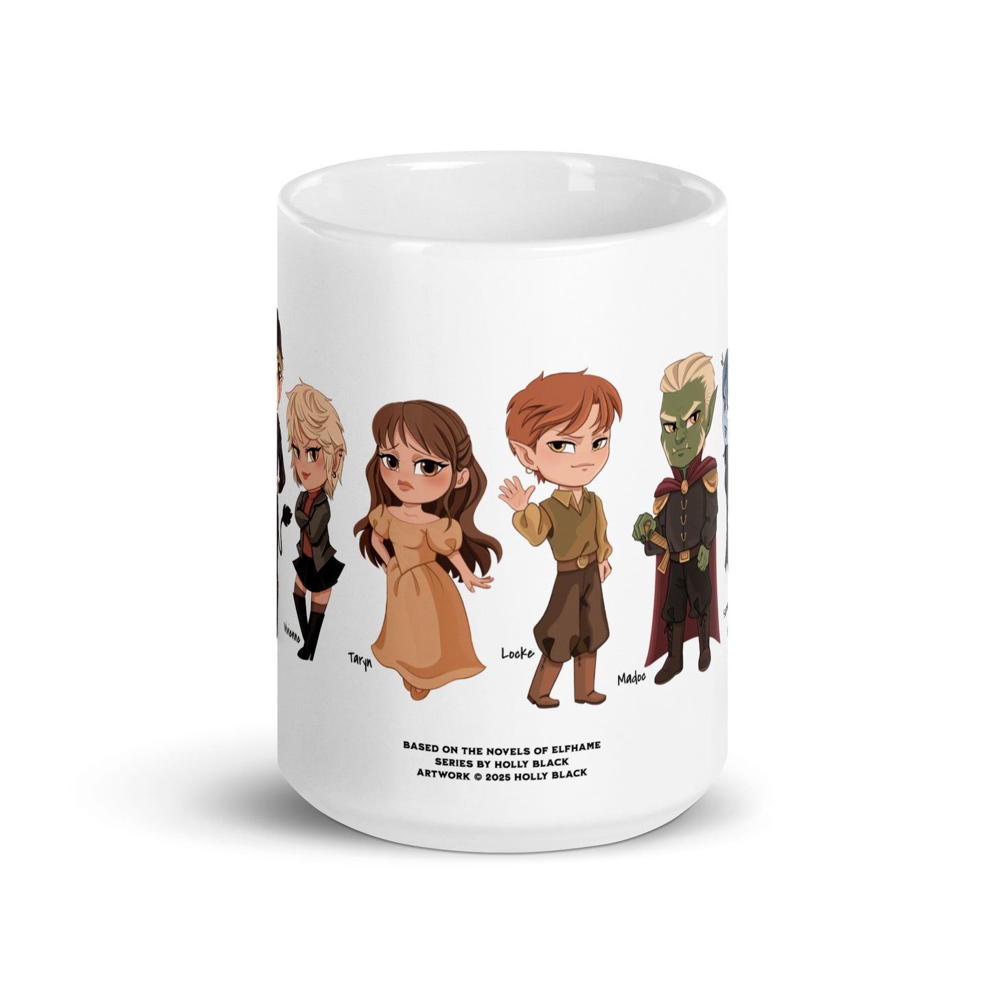 White mug featuring chibi fantasy character lineup inspired by the Elfhame book series