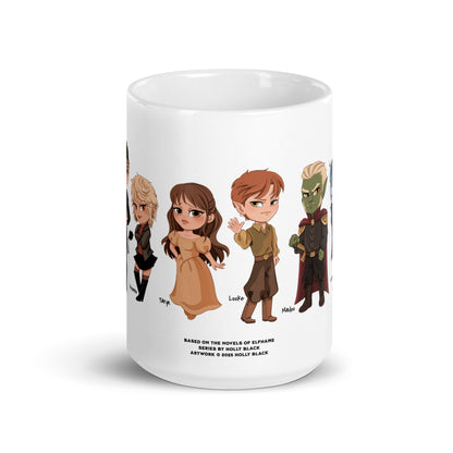White mug featuring chibi fantasy character lineup inspired by the Elfhame book series