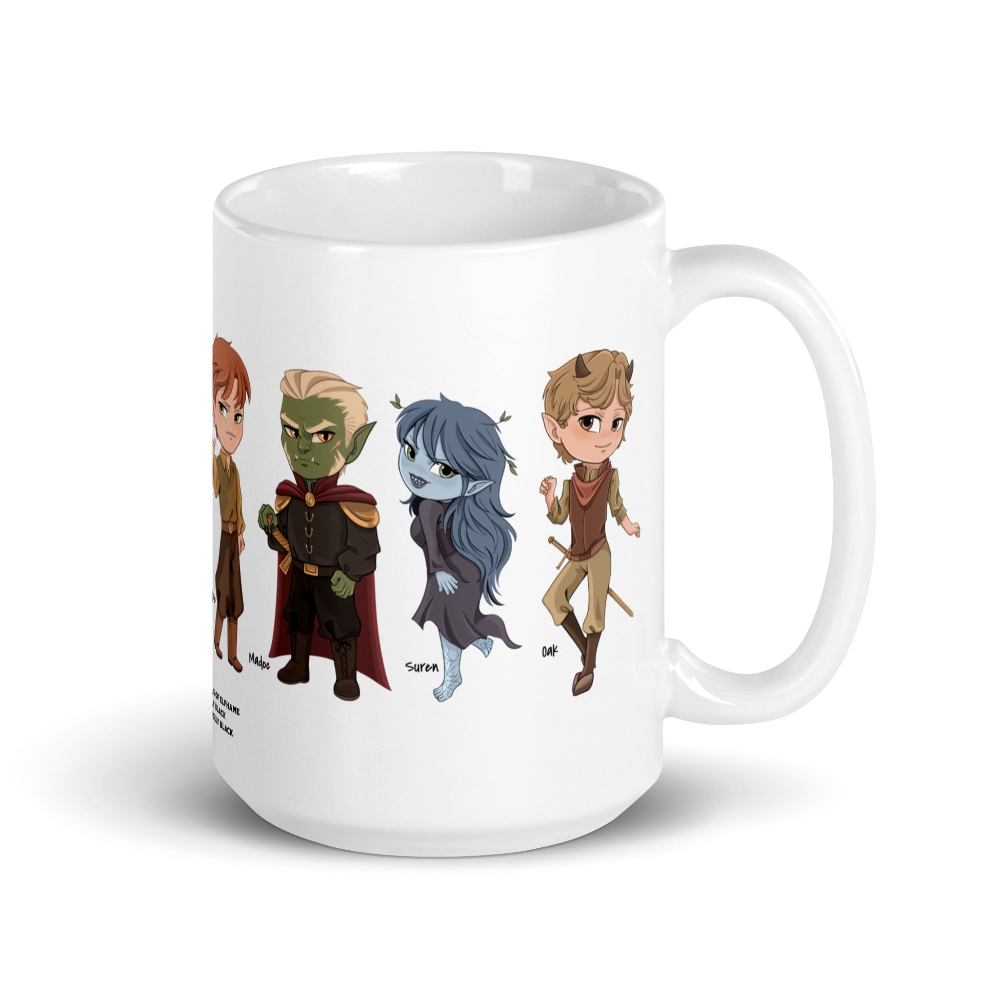 White mug featuring cute chibi fantasy character illustrations, ideal book lover gift