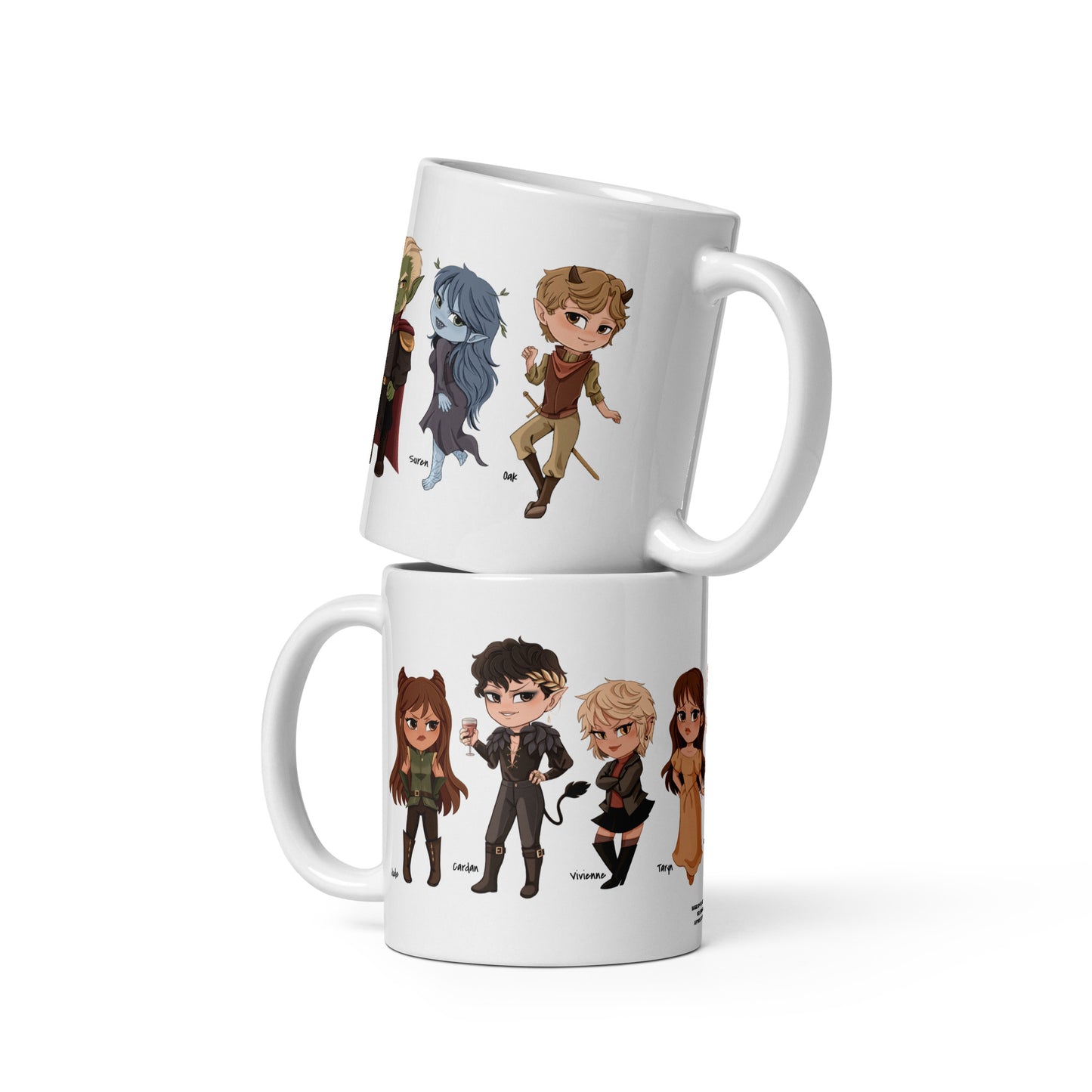 White mugs featuring colorful chibi fantasy character illustrations for book lovers