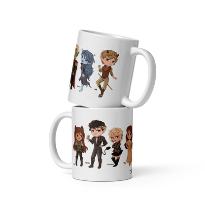 White mugs featuring colorful chibi fantasy character illustrations for book lovers