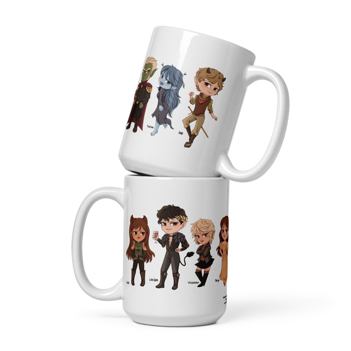 Stacked white mugs featuring chibi fantasy character lineup and faerie book lover designs.
