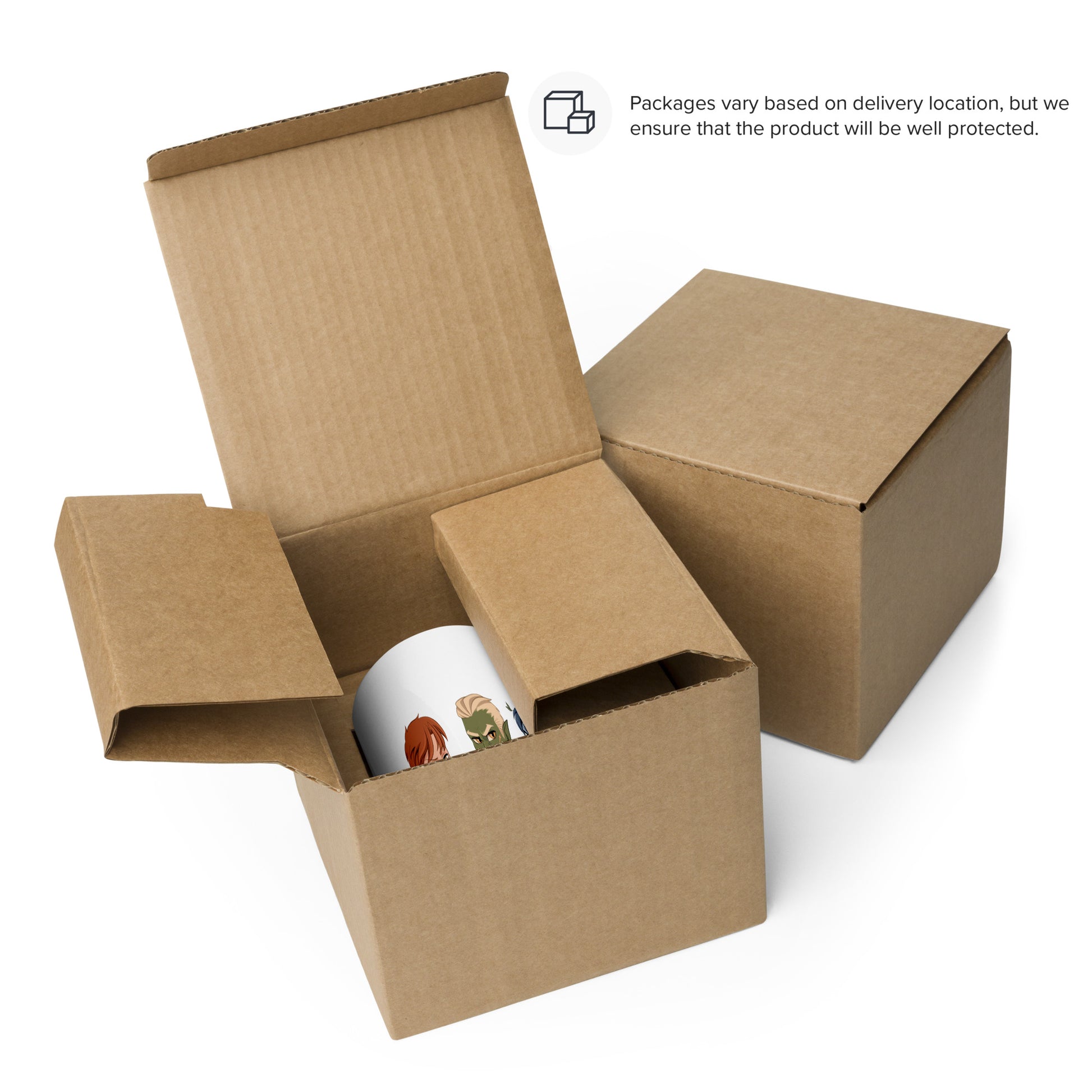 Bookish character mug with fantasy illustration partially visible in open shipping box