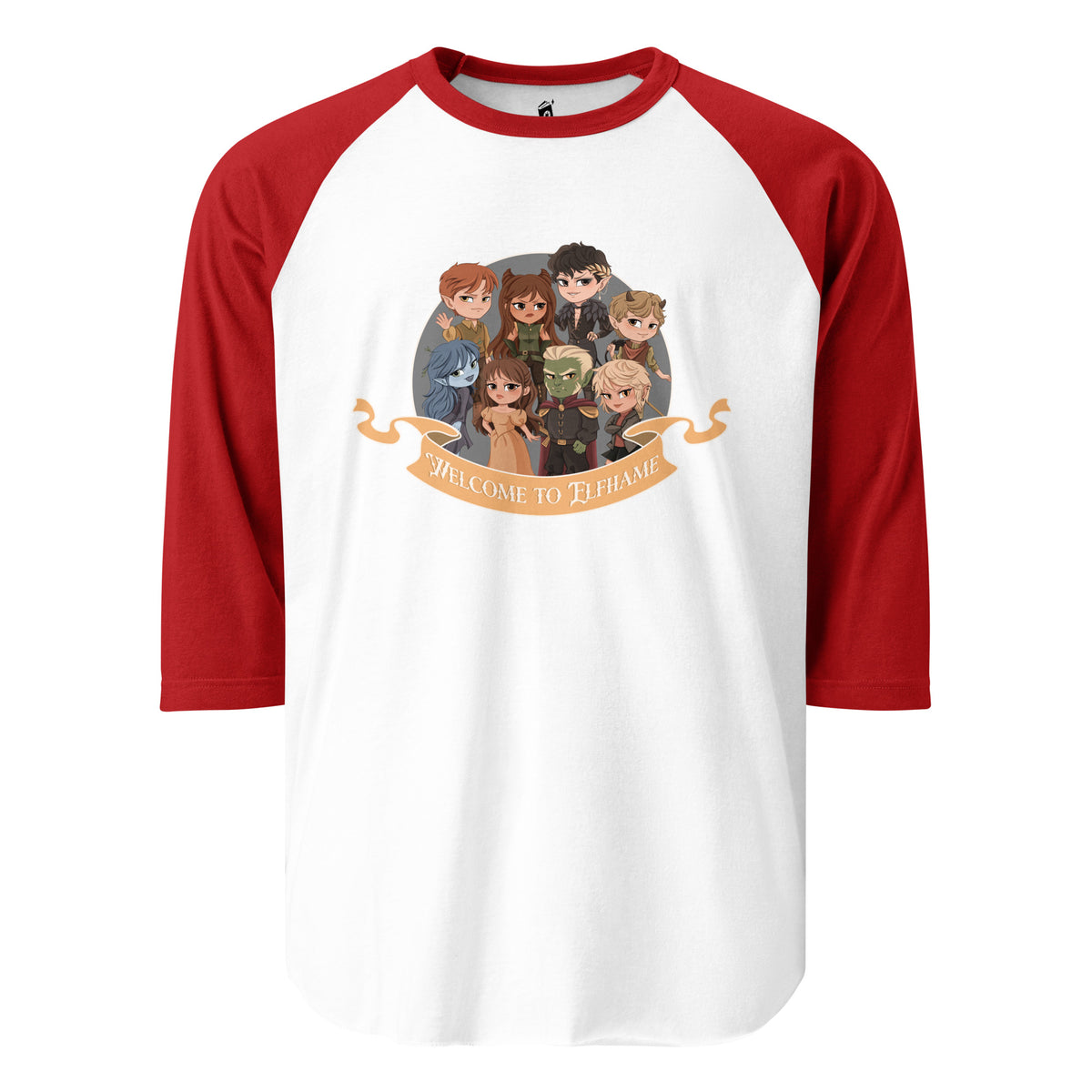 Novels of Elfhame Characters Raglan Tee - The Bean Workshop - Book Lover Gift, Cardan Greenbriar, Character Merch, Chibi Art, Elfhame, Faeriecore aesthetic, Fantasy Reader, Folk of the Air characters, Holly Black licensed merch, Jude Duarte, Jurdan, The Cruel Prince Raglan tee, Welcome to Elfhame shirt for readers