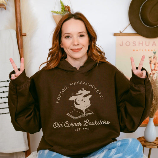 Old Corner Bookstore Hoodie - The Bean Workshop - Book Lover Style, Bookish Fashion, hoodie, Literary Fashion, Old Corner Bookstore, read everyday, Readers Apparel, Reading Comfort, valentine, Valentine's Day Picks, Vintage Bookstore