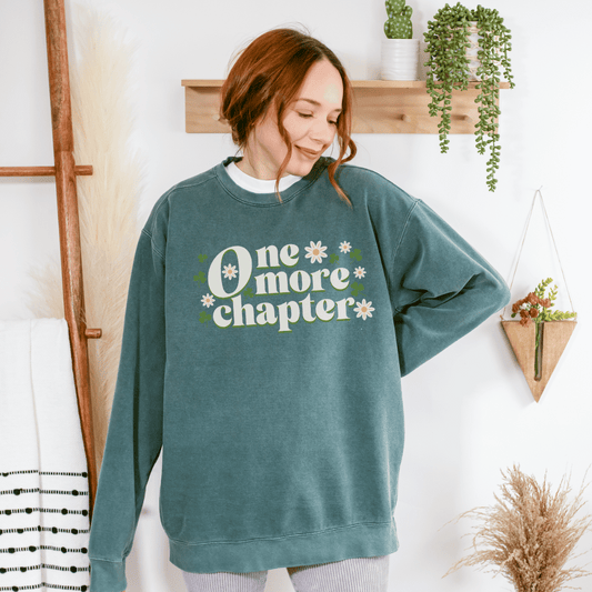 One More Chapter Heavyweight Sweatshirt - The Bean Workshop - Bookish Summer Collection, Bookworm Loungewear, Cozy Reading Sweater, Floral Bookish Top, Late Night Reader., One More Chapter Sweatshirt, Retro Bibliophile Pullover, sweater, sweatshirt