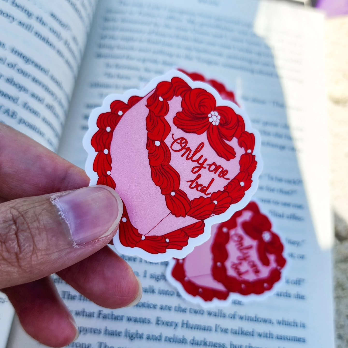 Only One Bed Book Trope Retro Cake Sticker - The Bean Workshop - book lover gift, book trope, book trope sticker, Bookish Accessories, Bookish Gift, bookish sticker, coquette sticker, die cut sticker, kindle sticker, only one bed, reading sticker, retro cake sticker, romance reader, romance trope, sticker