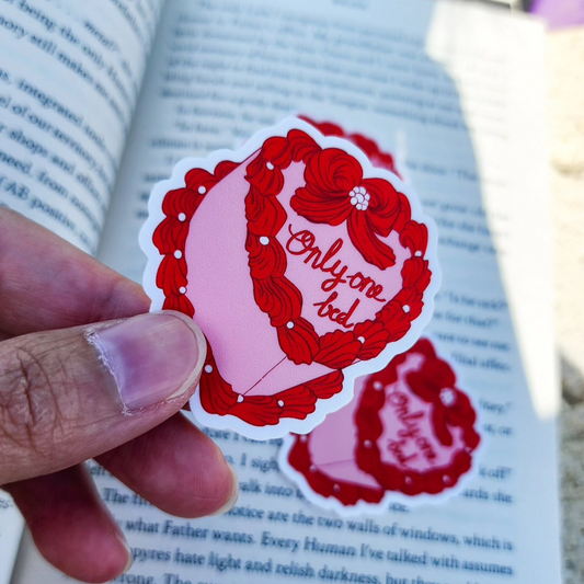 Only One Bed Book Trope Retro Cake Sticker - The Bean Workshop - book lover gift, book trope, book trope sticker, Bookish Accessories, Bookish Gift, bookish sticker, coquette sticker, die cut sticker, kindle sticker, only one bed, reading sticker, retro cake sticker, romance reader, romance trope, sticker