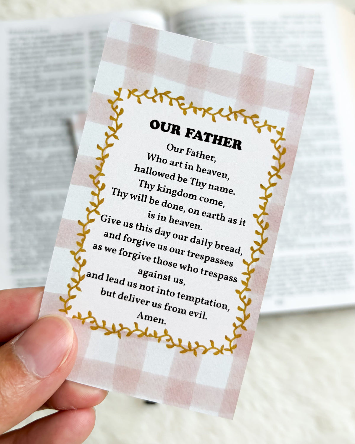 Our Father Prayer Card & Bookmark - The Bean Workshop - archangel, Baptism, Catholic, children, Confirmation, Confirmation gift, faith gift, First Communion, guardian angel, Hail Holy Queen, Hail Mary, Holy Family, Holy Spirit, Immaculate Heart, Marian gift, Memorare, Our Father, Pentecost, prayer card, St. Joseph, St. Michael