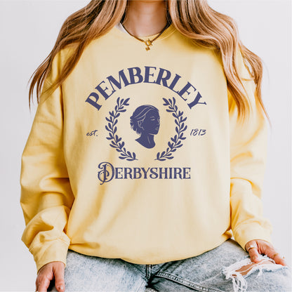 Yellow Pemberley sweatshirt with silhouette and laurel wreath, inspired by classic literature.