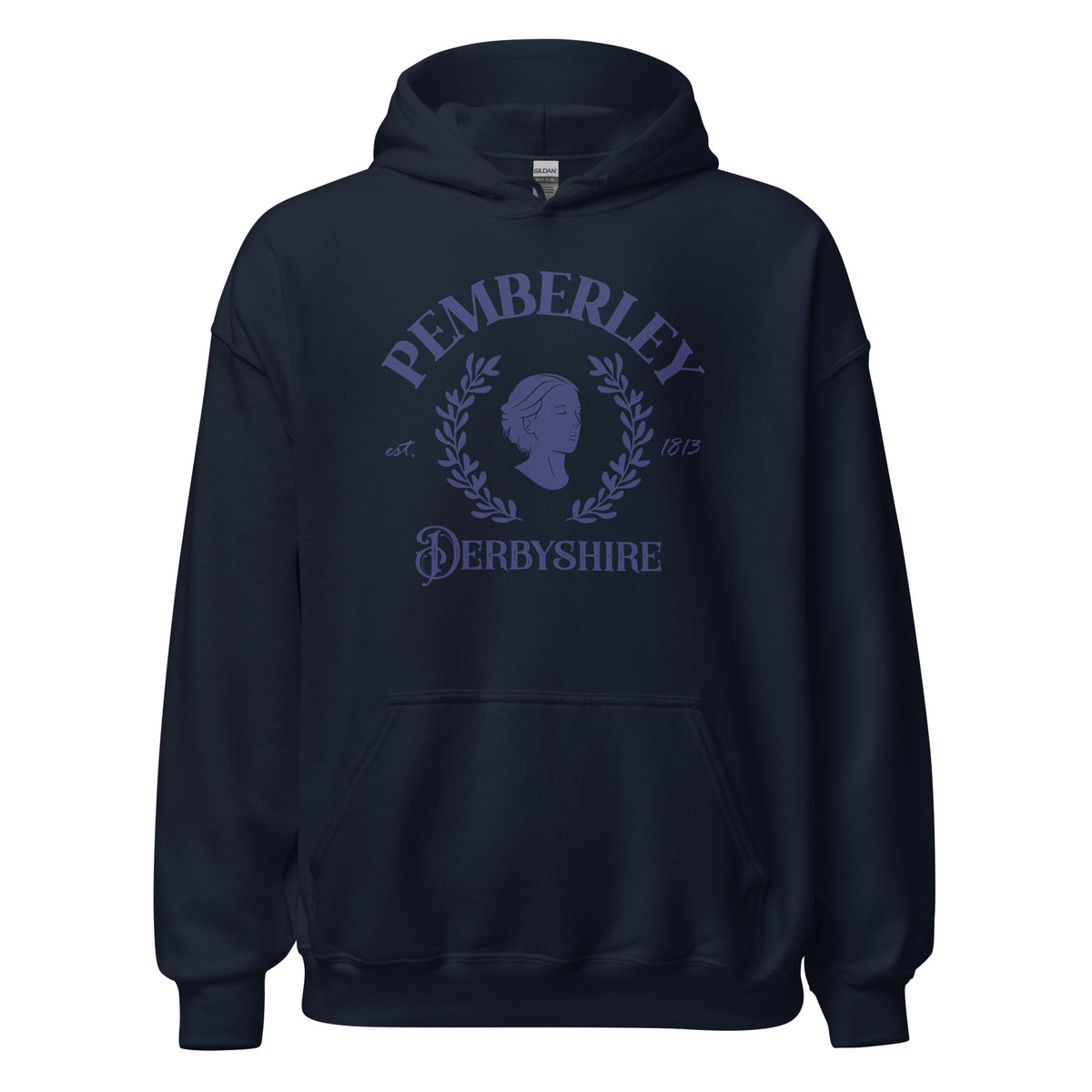 Pemberley Hoodie - The Bean Workshop - Austenites, Book Club Meeting, Cozy Night In, Dark Academia, Hoodie, Jane Austen, Laurel Wreath, Navy Graphic, Old Money, Pemberley Estate Oversized Hoodie, Pride and Prejudice, Varsity Style, Winter Reading Gear for Bookworms