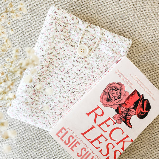 Pink Ditsy Floral Book Sleeve & Kindle Sleeve with Button Closure - The Bean Workshop - book sleeve, bookish gift, cottagecore, cotton book sleeve, ditsy floral, ereader sleeve, floral book sleeve, kindle sleeve, pink book sleeve, reader gift