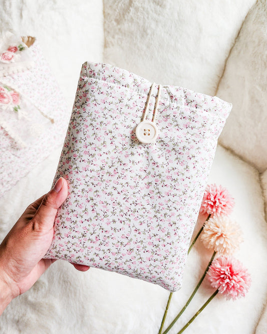 Pink Ditsy Floral Book Sleeve & Kindle Sleeve with Button Closure - The Bean Workshop - book sleeve, bookish gift, cottagecore, cotton book sleeve, ditsy floral, ereader sleeve, floral book sleeve, kindle sleeve, pink book sleeve, reader gift