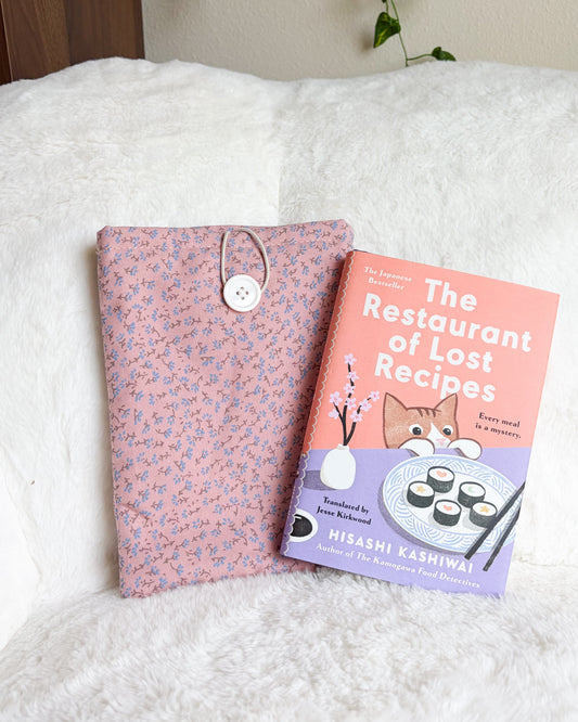 Pink Floral Sprig Book Sleeve & Kindle Sleeve with Button Closure - The Bean Workshop - book sleeve, bookish gift, cottagecore, cotton book sleeve, ditsy floral, ereader sleeve, floral book sleeve, kindle sleeve, pink book sleeve, reader gift