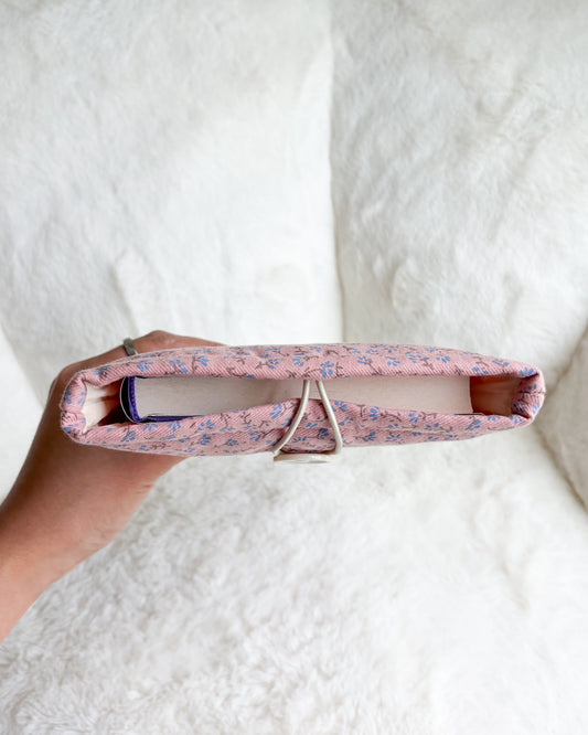 Pink Floral Sprig Book Sleeve & Kindle Sleeve with Button Closure - The Bean Workshop - book sleeve, bookish gift, cottagecore, cotton book sleeve, ditsy floral, ereader sleeve, floral book sleeve, kindle sleeve, pink book sleeve, reader gift