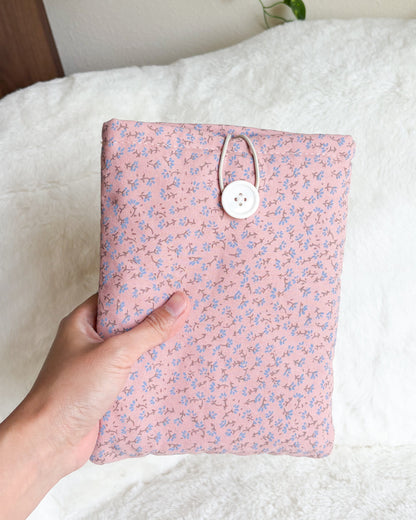 Pink Floral Sprig Book Sleeve & Kindle Sleeve with Button Closure - The Bean Workshop - book sleeve, bookish gift, cottagecore, cotton book sleeve, ditsy floral, ereader sleeve, floral book sleeve, kindle sleeve, pink book sleeve, reader gift