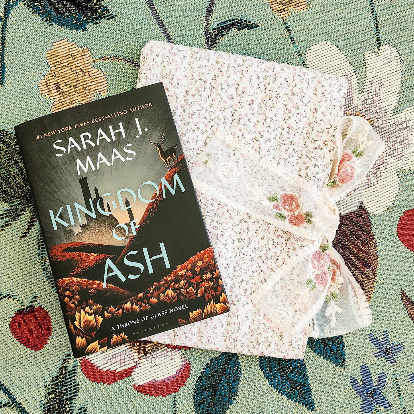 Pink Flower Large Book Sleeve with Lace Ribbon - The Bean Workshop - book sleeve, reading accessories