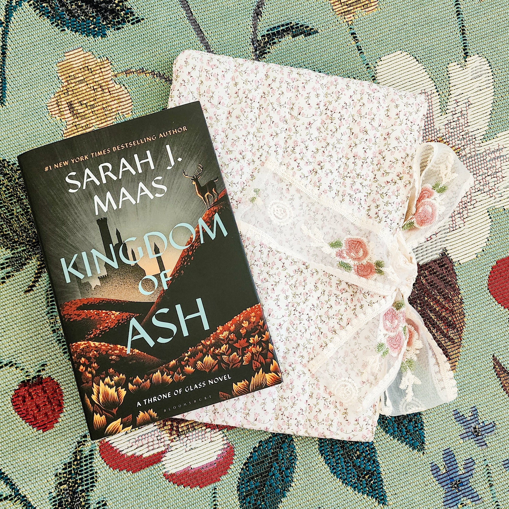 Pink Flower Large Book Sleeve with Lace Ribbon - The Bean Workshop - book sleeve, reading accessories