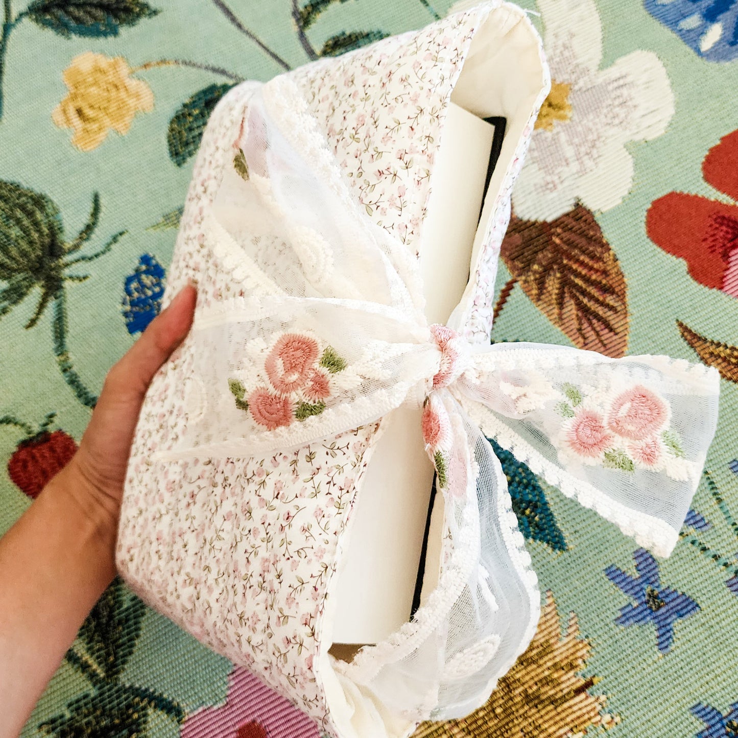Pink Flower Large Book Sleeve with Lace Ribbon - The Bean Workshop - book sleeve, reading accessories