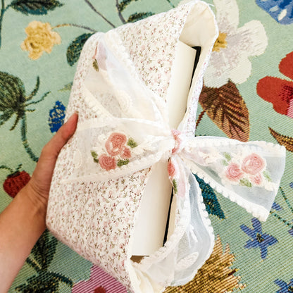 Pink Flower Large Book Sleeve with Lace Ribbon - The Bean Workshop - book sleeve, reading accessories