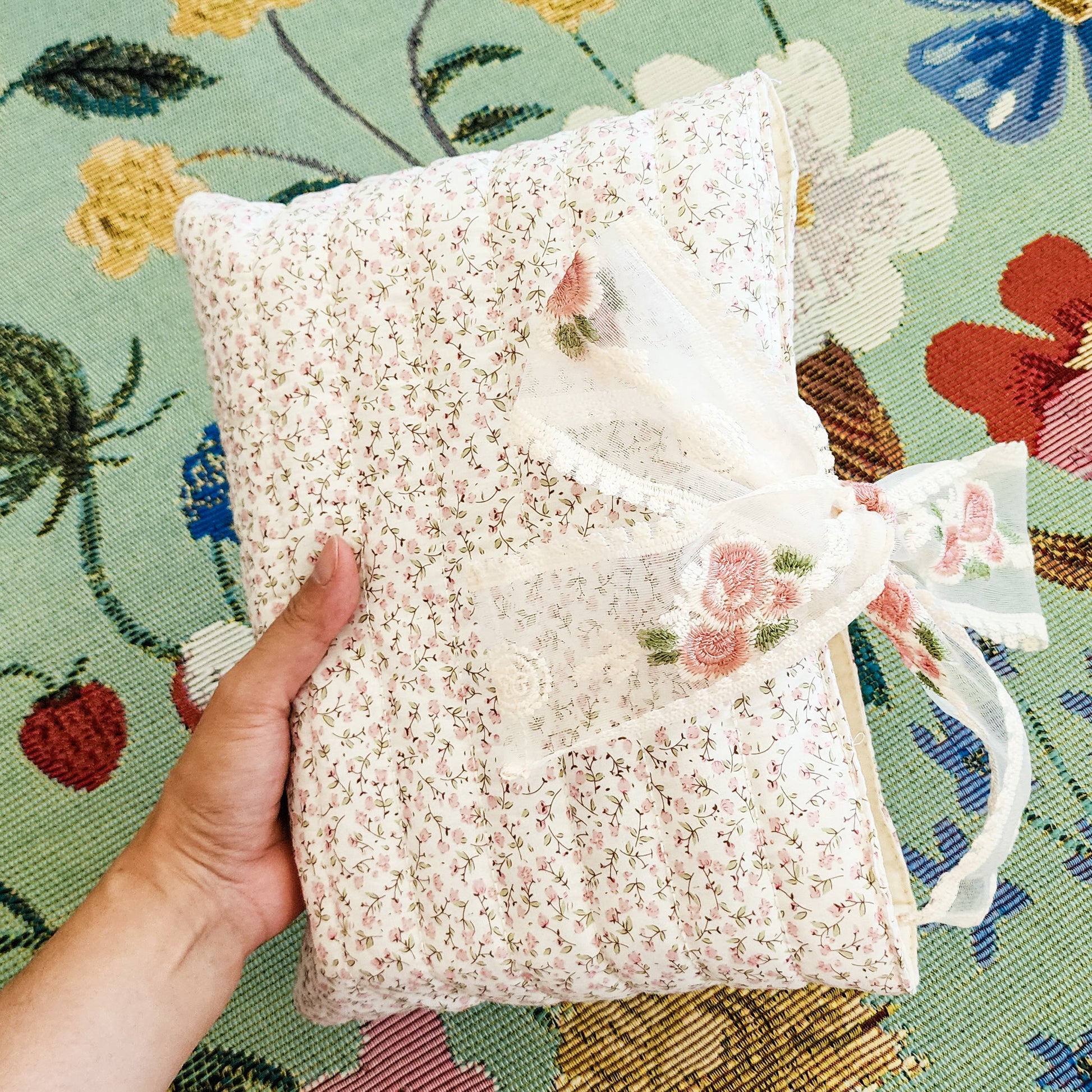 Pink Flower Large Book Sleeve with Lace Ribbon - The Bean Workshop - book sleeve, reading accessories