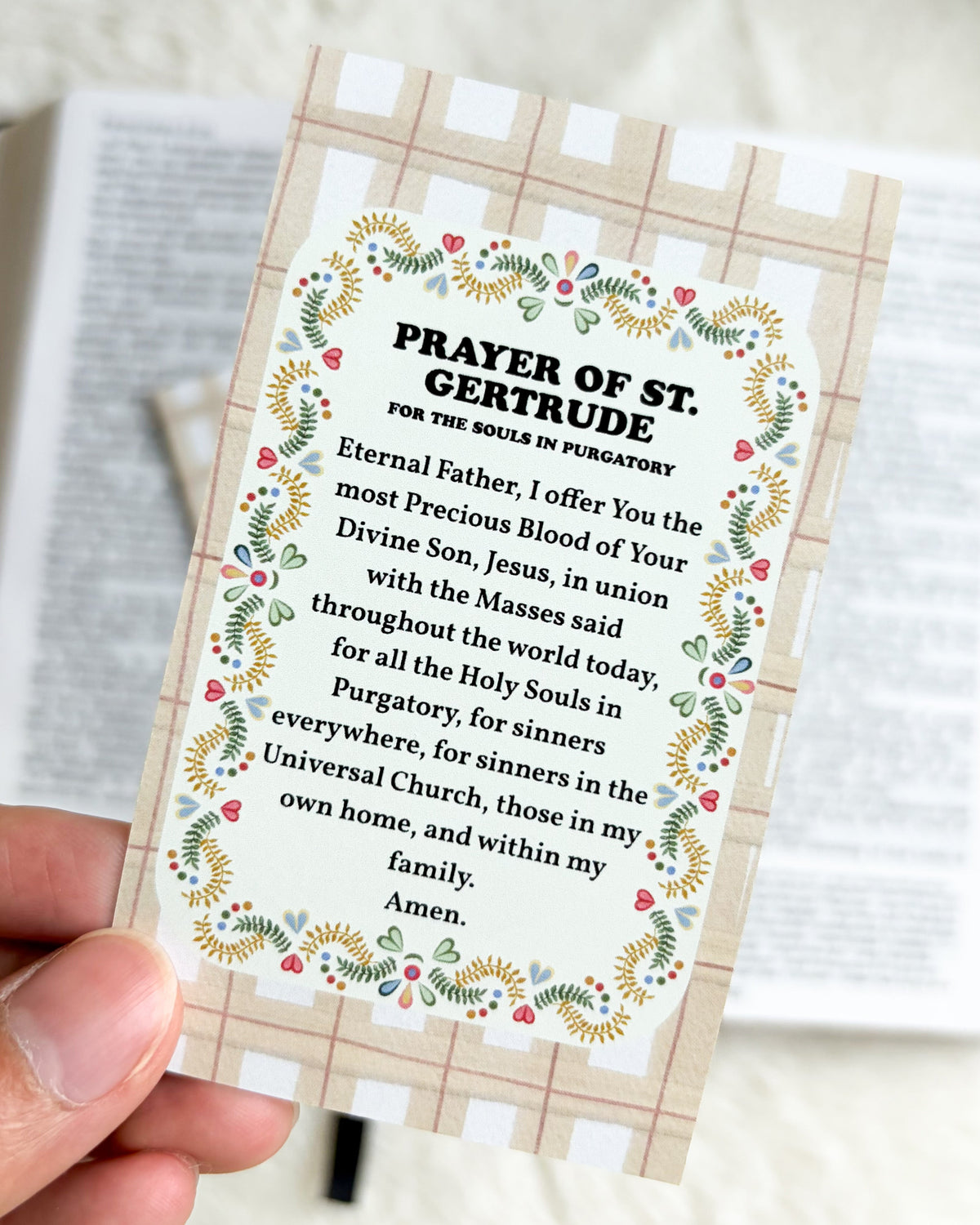 Prayer of St. Gertrude for the Souls in Purgatory Card & Bookmark - The Bean Workshop - All Souls Day, archangel, Baptism, Catholic, Catholic kids, children, children's prayer, Confirmation, Confirmation gift, discernment, faith gift, First Communion, guardian angel, Hail Holy Queen, Hail Mary, Holy Family, Holy Spirit, Immaculate Heart, Marian gift, Memorare, Our Father, Pentecost, prayer card, souls in Purgatory, St. Gertrude, St. Joseph, St. Michael, vocation