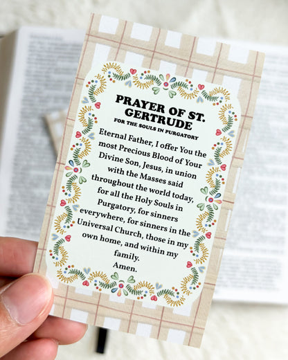 Prayer of St. Gertrude for the Souls in Purgatory Card & Bookmark - The Bean Workshop - All Souls Day, archangel, Baptism, Catholic, Catholic kids, children, children's prayer, Confirmation, Confirmation gift, discernment, faith gift, First Communion, guardian angel, Hail Holy Queen, Hail Mary, Holy Family, Holy Spirit, Immaculate Heart, Marian gift, Memorare, Our Father, Pentecost, prayer card, souls in Purgatory, St. Gertrude, St. Joseph, St. Michael, vocation