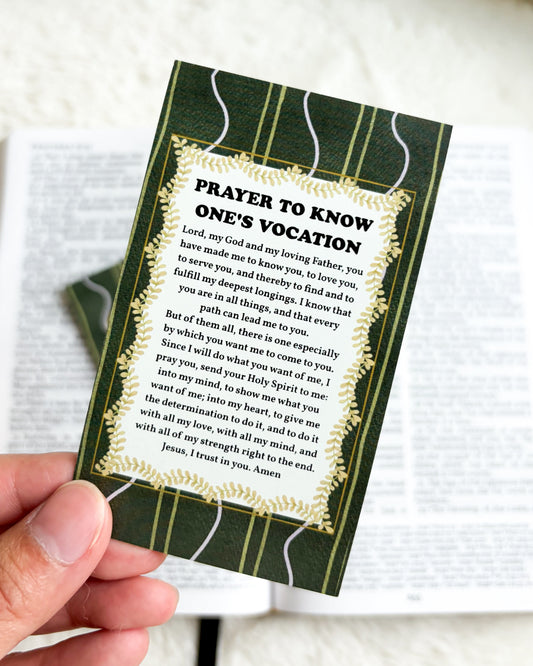 Prayer to Know One's Vocation Card & Bookmark - The Bean Workshop - archangel, Baptism, Catholic, children, Confirmation, Confirmation gift, discernment, faith gift, First Communion, guardian angel, Hail Holy Queen, Hail Mary, Holy Family, Holy Spirit, Immaculate Heart, Marian gift, Memorare, Our Father, Pentecost, prayer card, St. Joseph, St. Michael, vocation