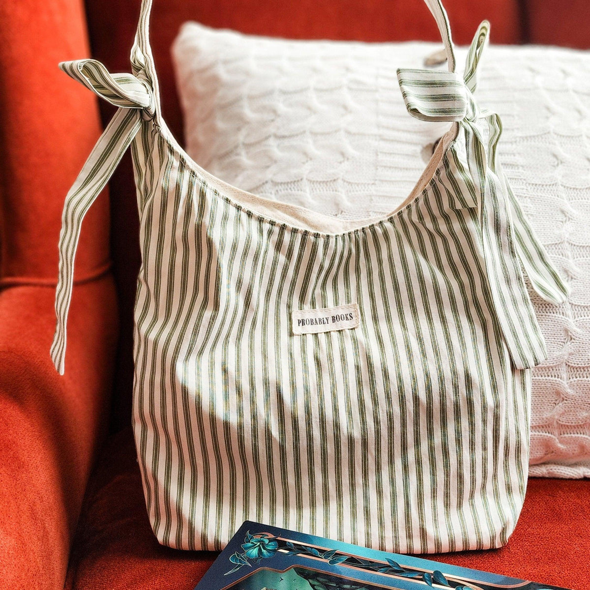 Probably Books Striped Cotton Tote Bag - The Bean Workshop - book club, book lover, book lovers, bookaholic, bookish, bookish friends, Booklice, Books and girls, bookstore, bookstore date, booktrovert, cotton tote, fantasy readers book club, gift for book lovers, striped tote, tote, tote bag