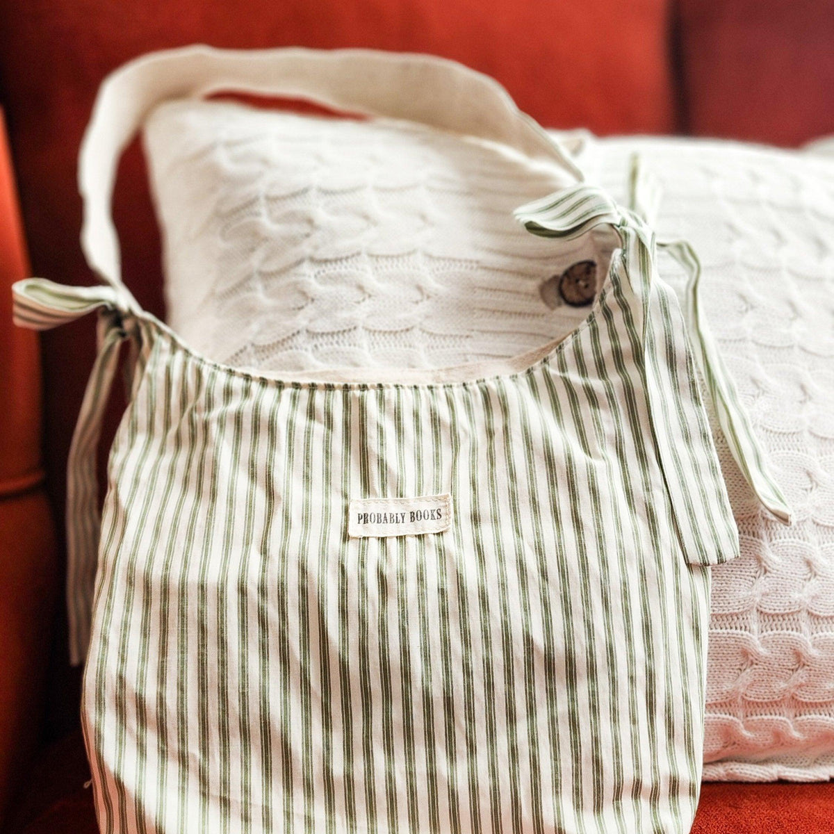Probably Books Striped Cotton Tote Bag - The Bean Workshop - book club, book lover, book lovers, bookaholic, bookish, bookish friends, Booklice, Books and girls, bookstore, bookstore date, booktrovert, cotton tote, fantasy readers book club, gift for book lovers, striped tote, tote, tote bag