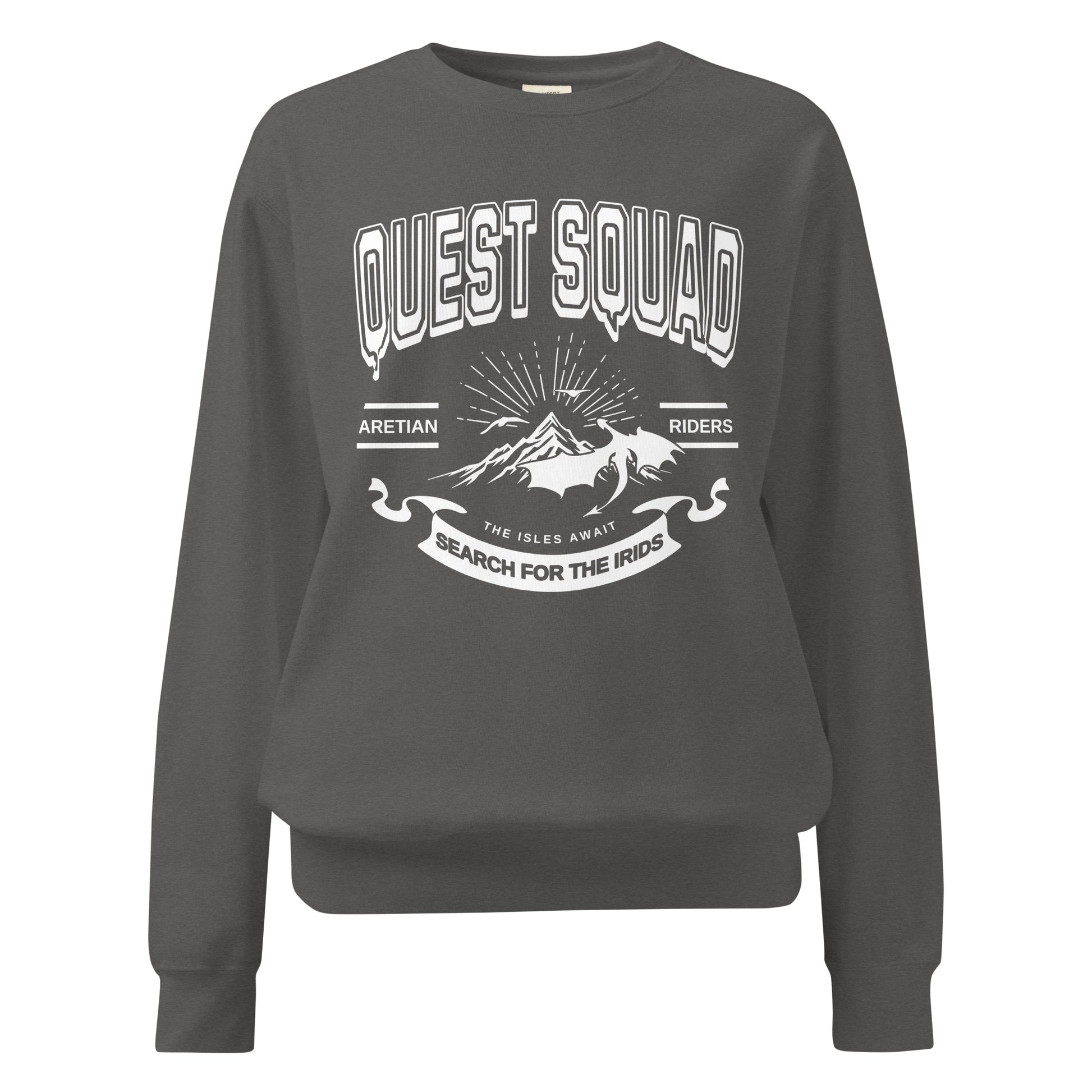 Quest Squad Heavyweight Sweatshirt - The Bean Workshop - Aretian Riders, Basgiath, Book Lover Gift, Booktok Merch, Dragon Rider, Empyrean Series, Epic Fantasy, Fourth Wing Gift., Fourth Wing Merch, Iron Flame Merch, Liam Mairi, Quest Squad, Rebecca Yarros, Romantasy, Search for the Irids, Sloane Mairi, sweater, sweatshirt, Vintage Band Tee, Violet Sorrengail, Xaden Riorson