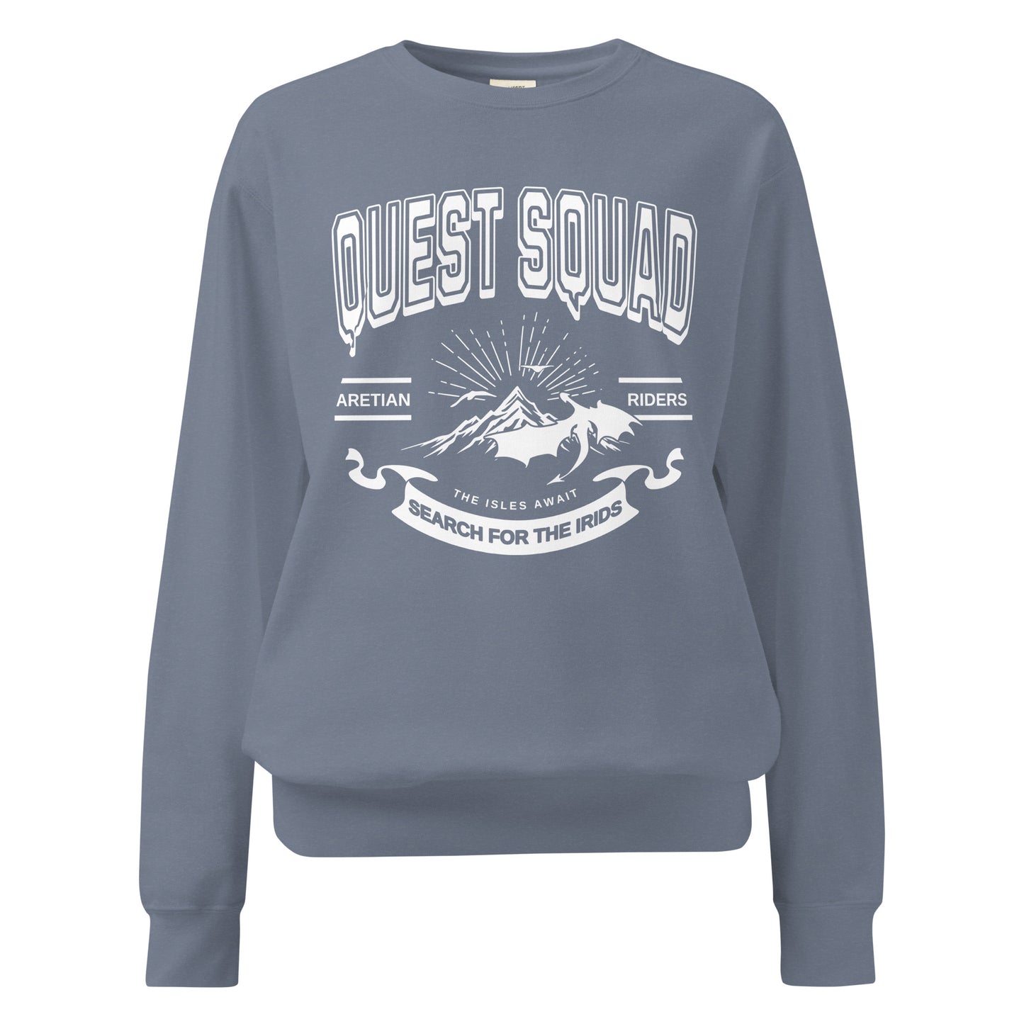 Quest Squad Heavyweight Sweatshirt - The Bean Workshop - Aretian Riders, Basgiath, Book Lover Gift, Booktok Merch, Dragon Rider, Empyrean Series, Epic Fantasy, Fourth Wing Gift., Fourth Wing Merch, Iron Flame Merch, Liam Mairi, Quest Squad, Rebecca Yarros, Romantasy, Search for the Irids, Sloane Mairi, sweater, sweatshirt, Vintage Band Tee, Violet Sorrengail, Xaden Riorson