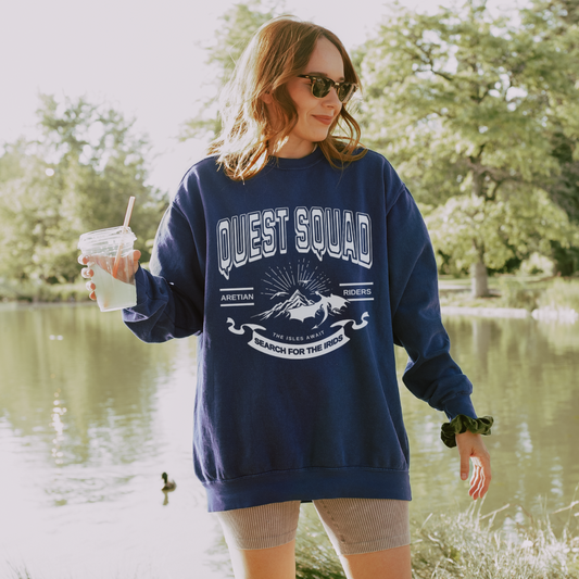 Quest Squad Heavyweight Sweatshirt - The Bean Workshop - Aretian Riders, Basgiath, Book Lover Gift, Booktok Merch, Dragon Rider, Empyrean Series, Epic Fantasy, Fourth Wing Gift., Fourth Wing Merch, Iron Flame Merch, Liam Mairi, Quest Squad, Rebecca Yarros, Romantasy, Search for the Irids, Sloane Mairi, sweater, sweatshirt, Vintage Band Tee, Violet Sorrengail, Xaden Riorson