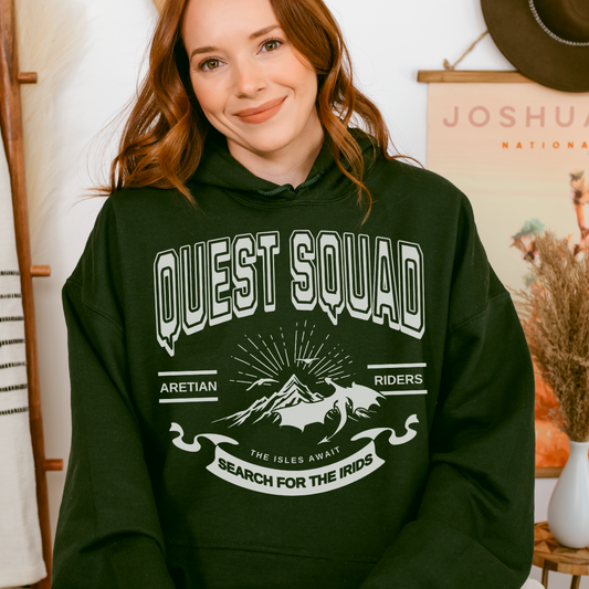 Quest Squad Hoodie - The Bean Workshop - Aretian Riders, Basgiath, Book Lover Gift, Booktok Merch, Dragon Rider, Empyrean Series, Epic Fantasy, Fourth Wing Gift., Fourth Wing Merch, hoodie, Iron Flame Merch, Liam Mairi, Quest Squad, Rebecca Yarros, Romantasy, Search for the Irids, Sloane Mairi, Vintage Band Tee, Violet Sorrengail, Xaden Riorson