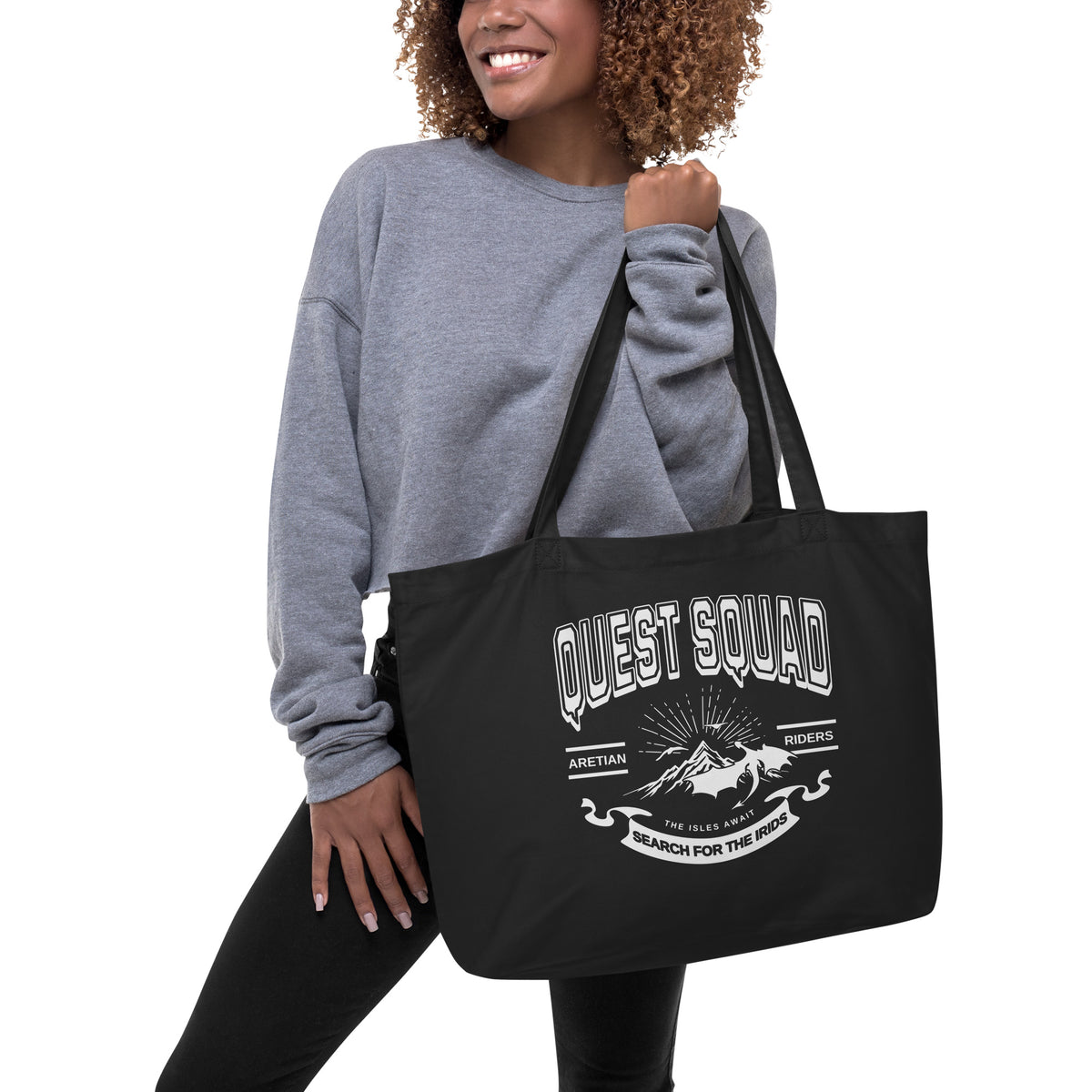 Quest Squad Large Organic Cotton Twill Tote Bag - The Bean Workshop - Aretian Riders, Basgiath, Book Lover Gift, Booktok Merch, Dragon Rider, Empyrean Series, Epic Fantasy, Fourth Wing Gift., Fourth Wing Merch, Iron Flame Merch, Liam Mairi, organic cotton twill tote bag, Quest Squad, Rebecca Yarros, Romantasy, Search for the Irids, Sloane Mairi, tote bag, Vintage Band Tee, Violet Sorrengail, Xaden Riorson