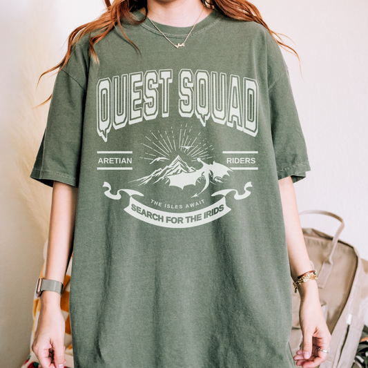 Quest Squad T-Shirt - The Bean Workshop - Aretian Riders, Basgiath, Book Lover Gift, Booktok Merch, Dragon Rider, Empyrean Series, Epic Fantasy, Fourth Wing Gift., Fourth Wing Merch, Iron Flame Merch, Liam Mairi, Quest Squad, Rebecca Yarros, Romantasy, Search for the Irids, Sloane Mairi, t-shirt, Vintage Band Tee, Violet Sorrengail, Xaden Riorson