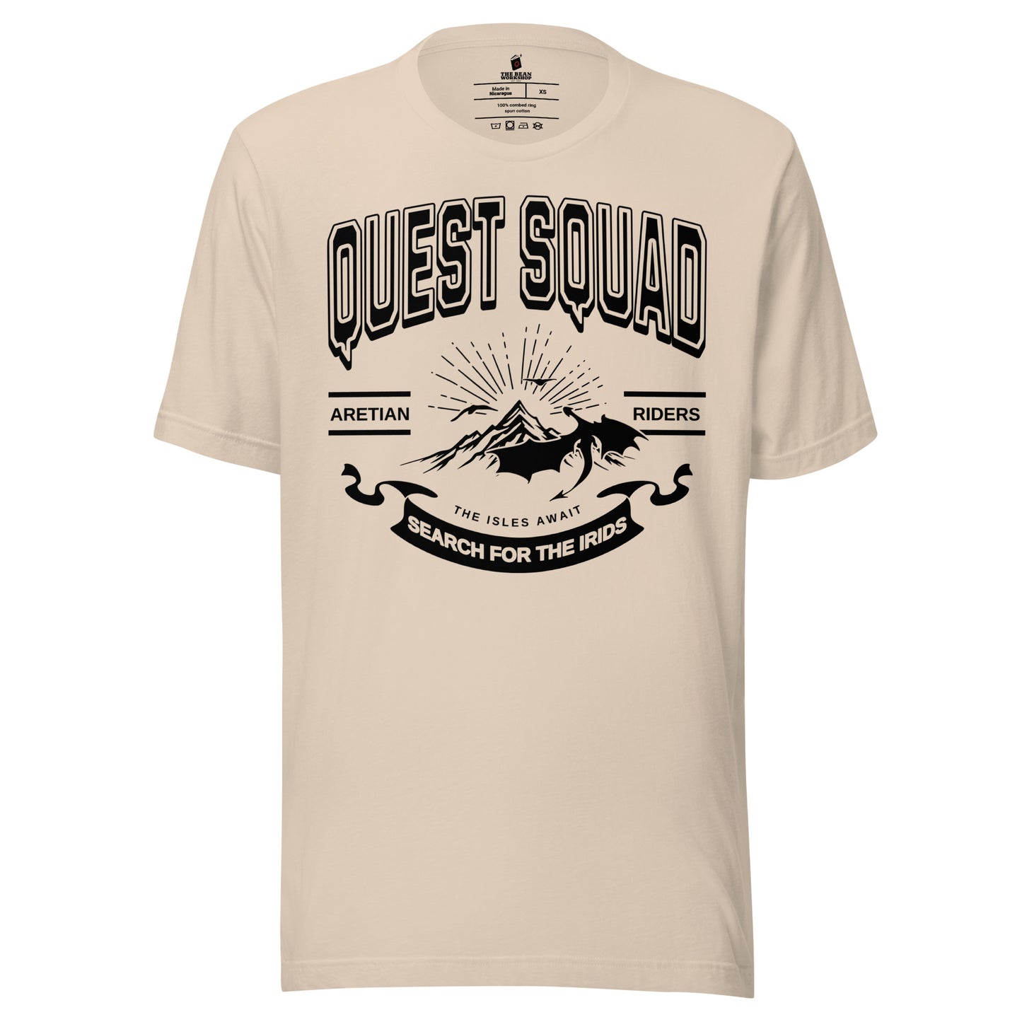 Quest Squad Tee Shirt - The Bean Workshop - Aretian Riders, Basgiath, Book Lover Gift, Booktok Merch, Dragon Rider, Empyrean Series, Epic Fantasy, Fourth Wing Gift., Fourth Wing Merch, Iron Flame Merch, Liam Mairi, Quest Squad, Rebecca Yarros, Romantasy, Search for the Irids, Sloane Mairi, t-shirt, tee, Vintage Band Tee, Violet Sorrengail, Xaden Riorson