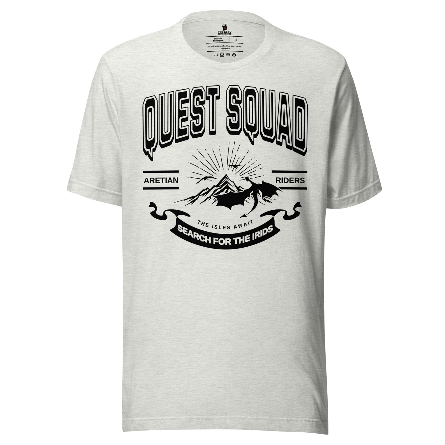 Quest Squad Tee Shirt - The Bean Workshop - Aretian Riders, Basgiath, Book Lover Gift, Booktok Merch, Dragon Rider, Empyrean Series, Epic Fantasy, Fourth Wing Gift., Fourth Wing Merch, Iron Flame Merch, Liam Mairi, Quest Squad, Rebecca Yarros, Romantasy, Search for the Irids, Sloane Mairi, t-shirt, tee, Vintage Band Tee, Violet Sorrengail, Xaden Riorson